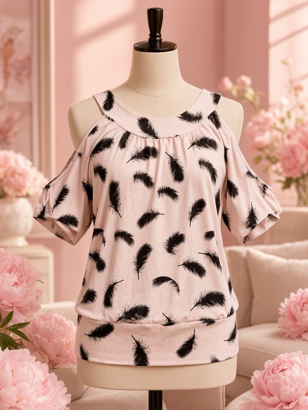 Women’s Cold-Shoulder Feather Print Top - Pale Pink